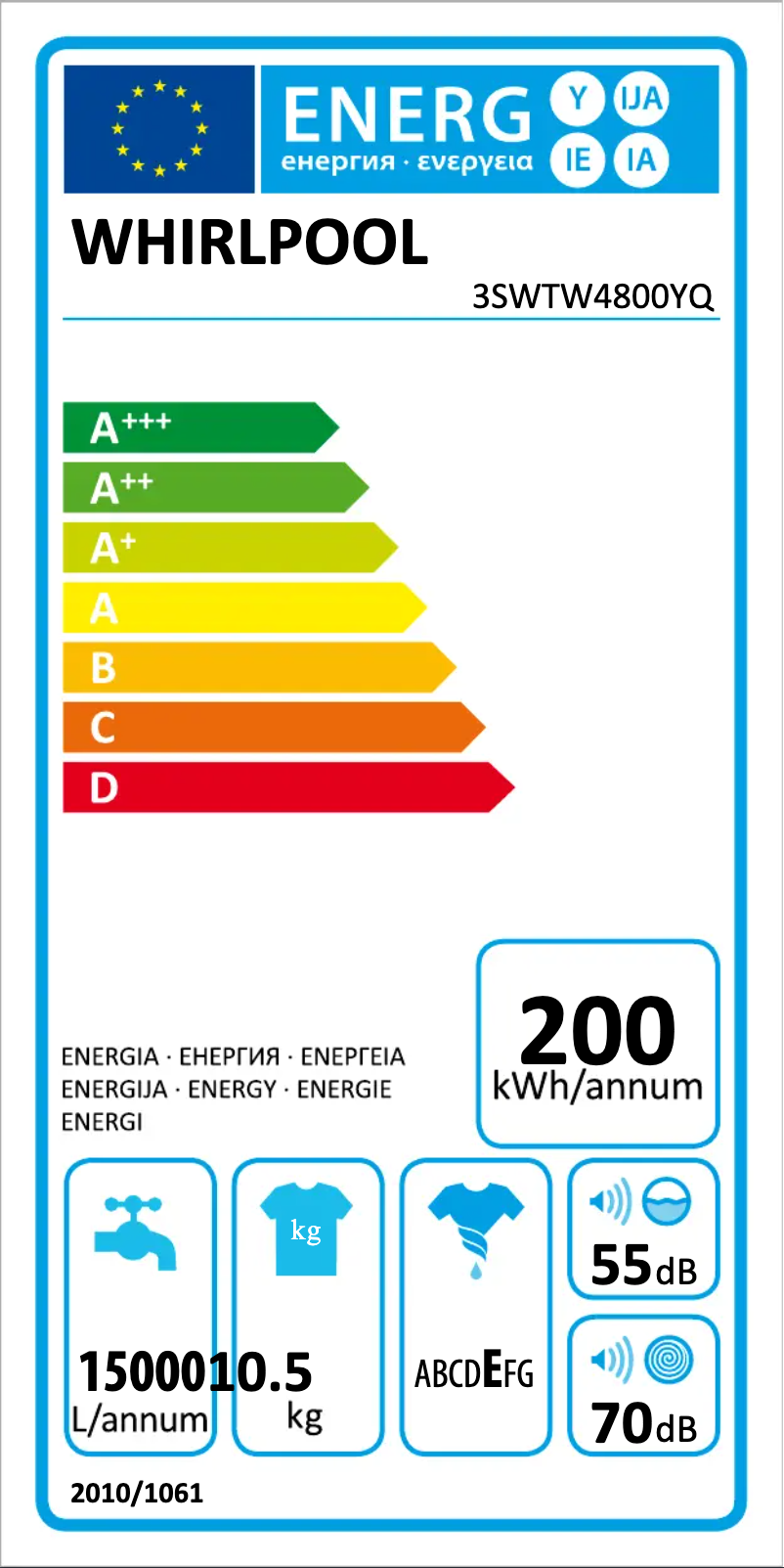 Page 1 de la notice Label énergétique Whirlpool 3SWTW4800YQ