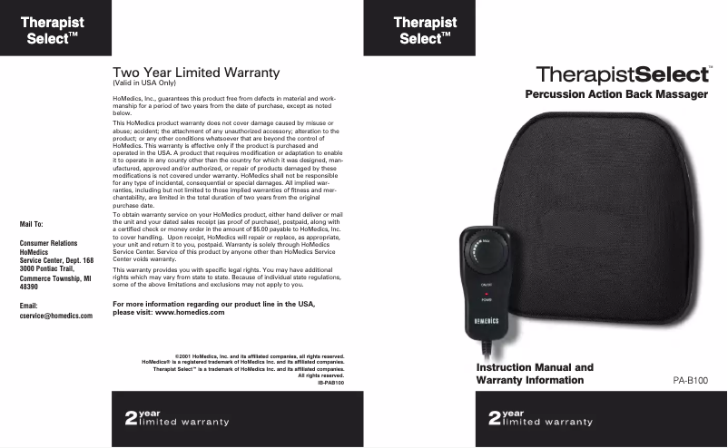 Page 1 de la notice Manuel utilisateur Homedics PA-B100