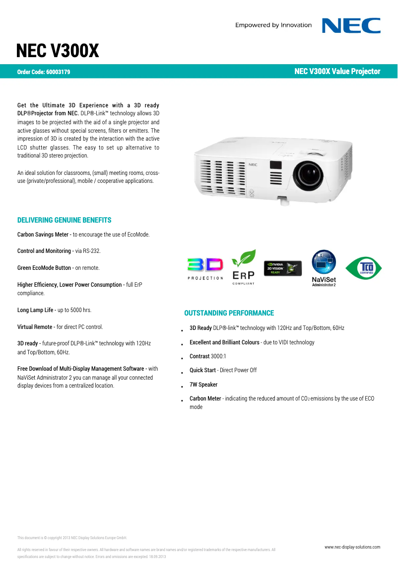 Page 1 de la notice Fiche technique NEC V300X