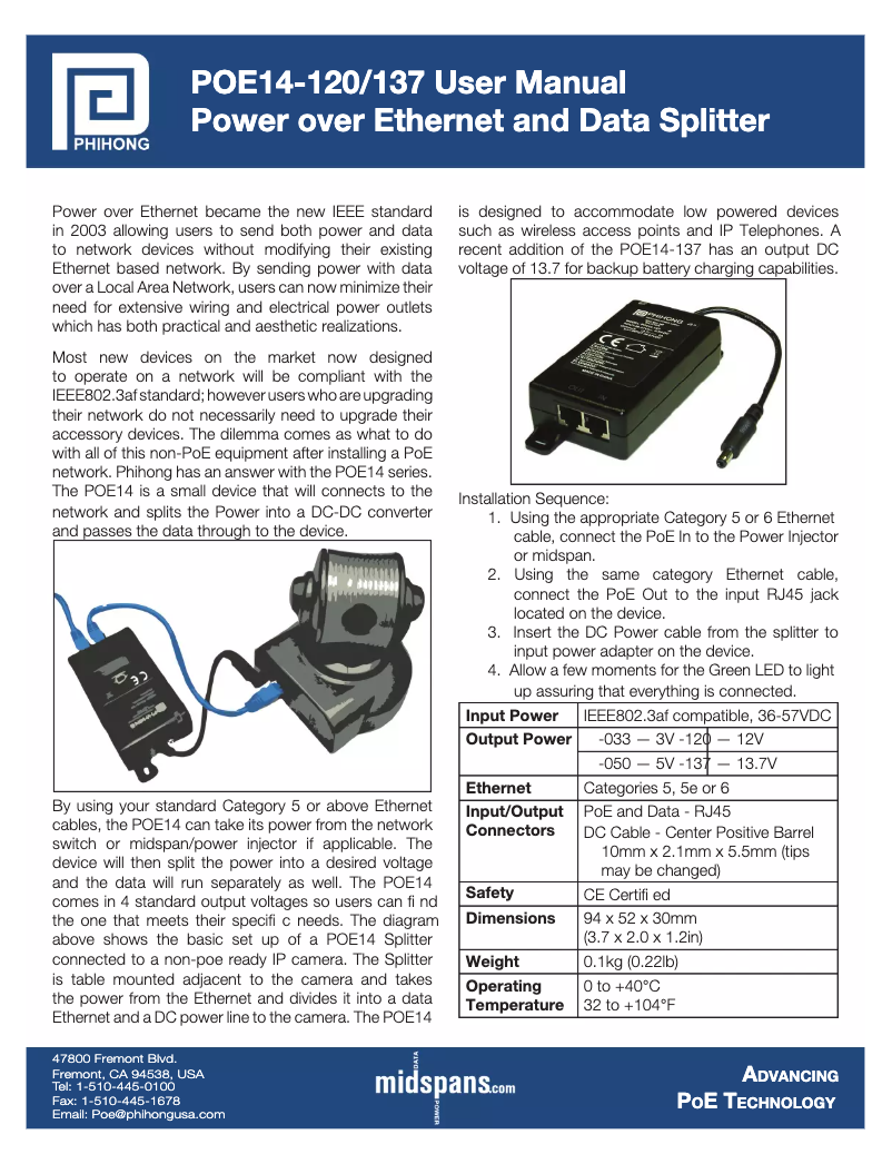Page n°1 - Manuel utilisateur Phihong POE14-120