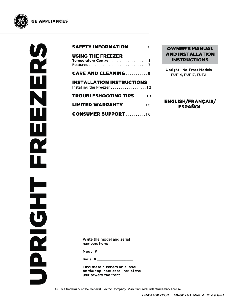 Page 1 de la notice Manuel d'utilisation et d'entretien GE FUF17DLRWW