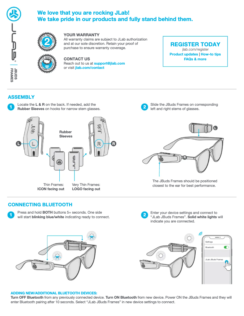 Page 1 de la notice Manuel utilisateur JLab JBuds Frames