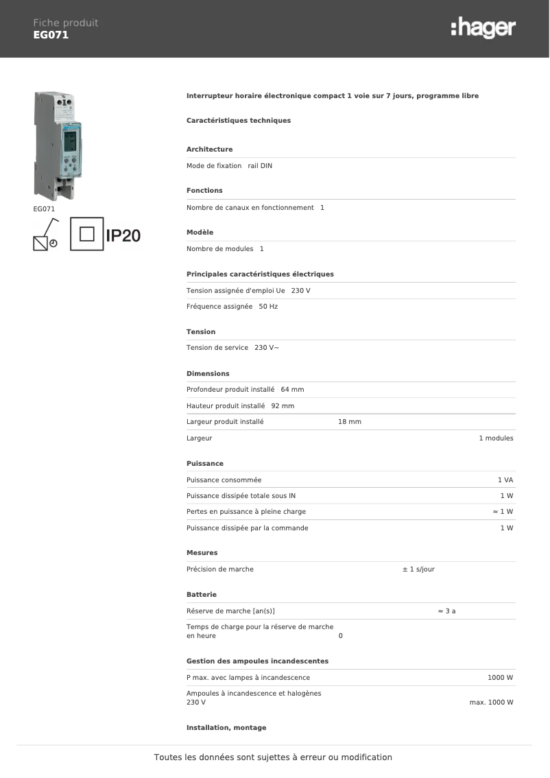 Image de la première page du manuel de l'appareil EG071