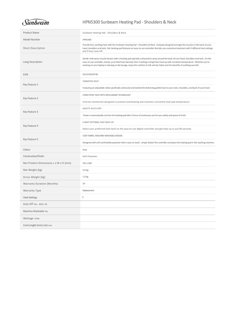 Page 1 de la notice Fiche technique Sunbeam HPN5300