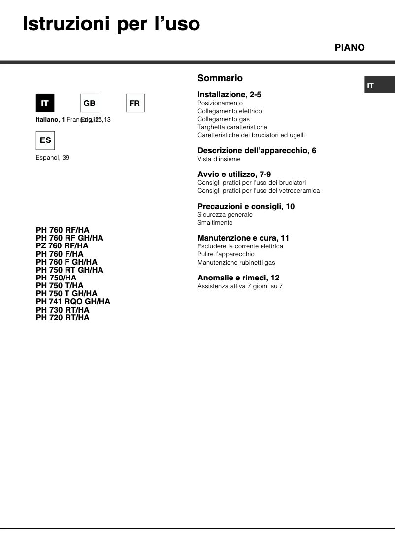 Page n°1 - Manuel utilisateur Hotpoint Ariston PH 750 T (AN)/HA