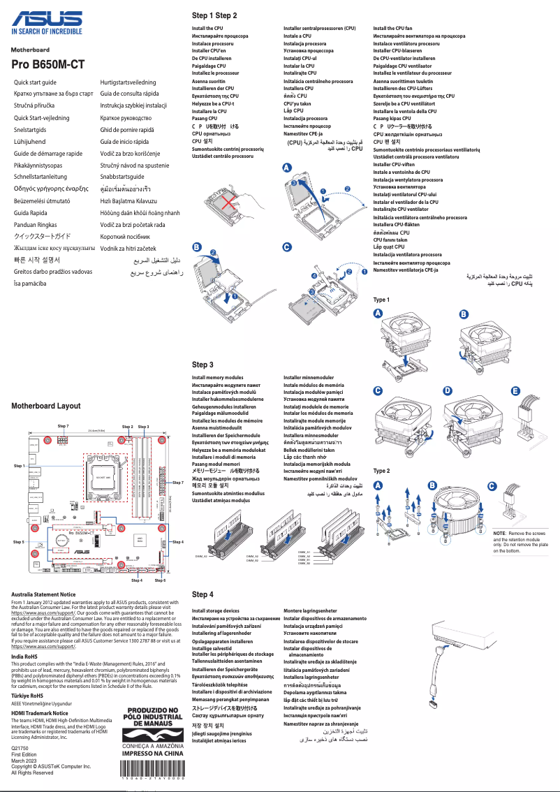 Page 1 de la notice Guide de démarrage rapide Asus Pro B650M-CT