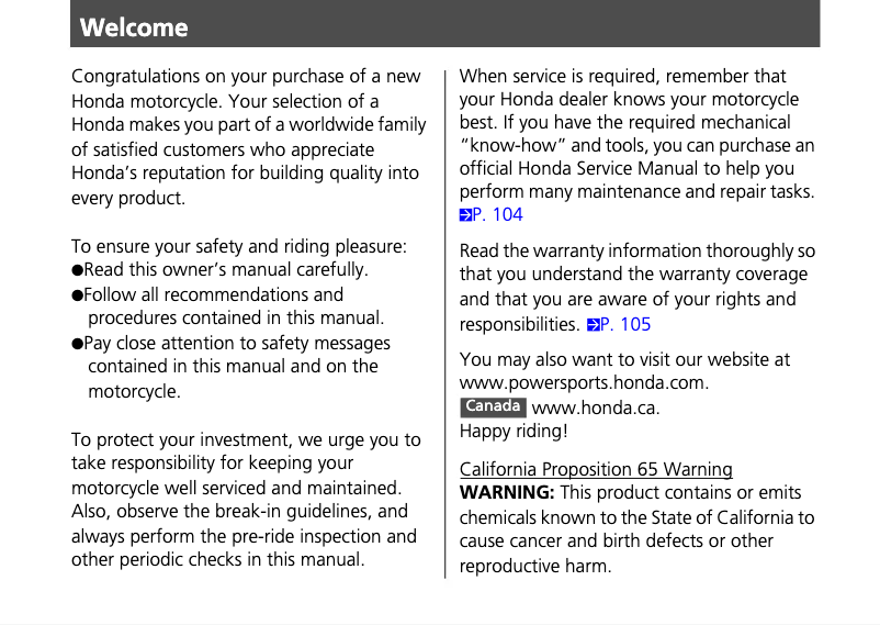 First page image of the manual for Grom MSX125 (2014)
