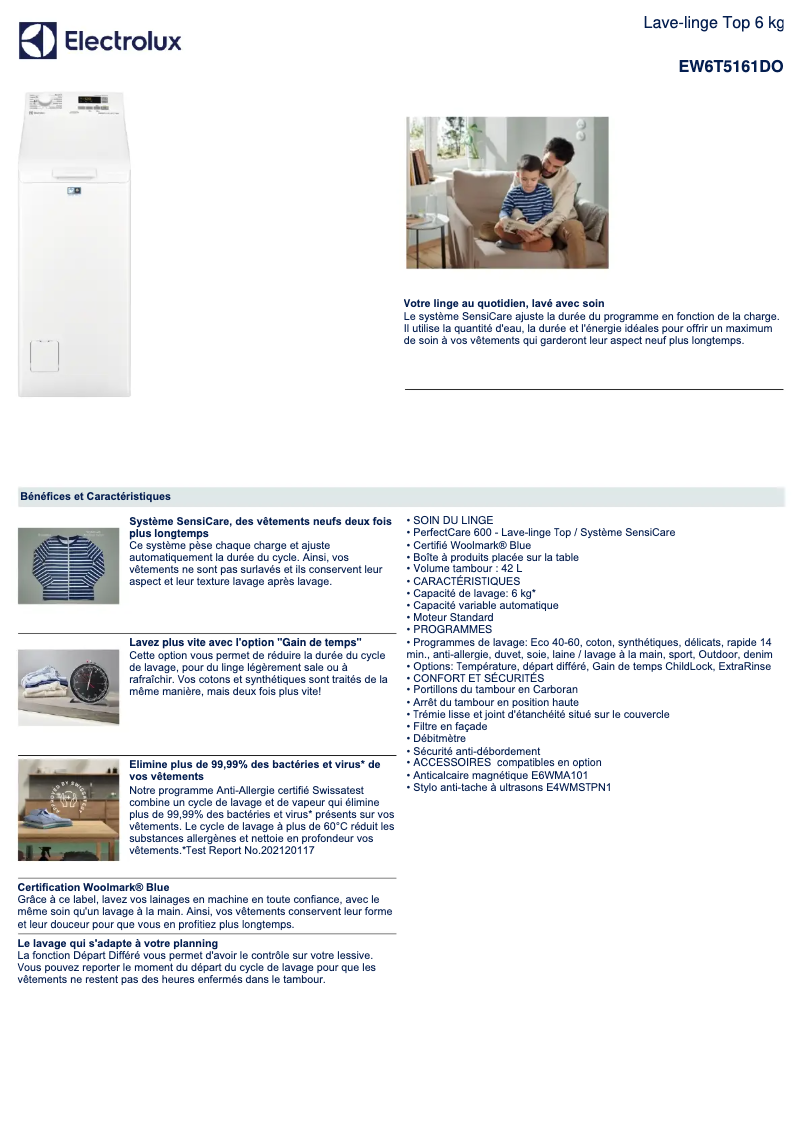 Page 1 de la notice Fiche technique Electrolux EW6T5161DO