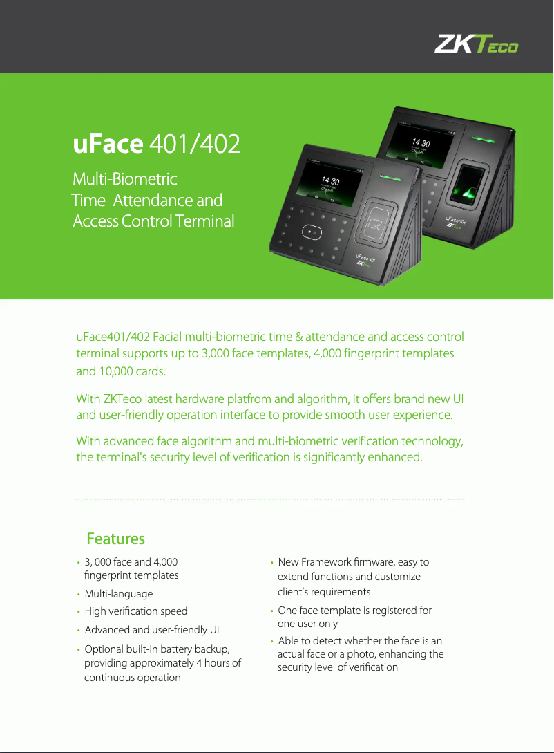 Page n°1 - Fiche technique ZKTeco uFace401