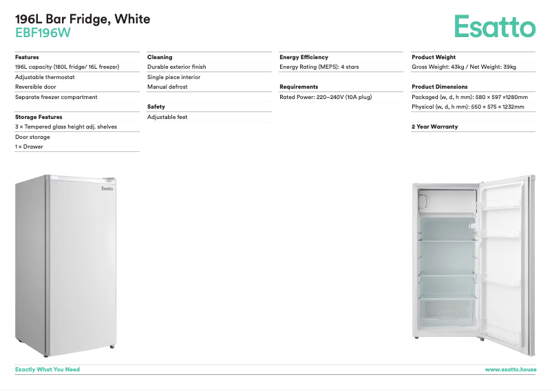 Page 1 de la notice Fiche technique Esatto EBF196W