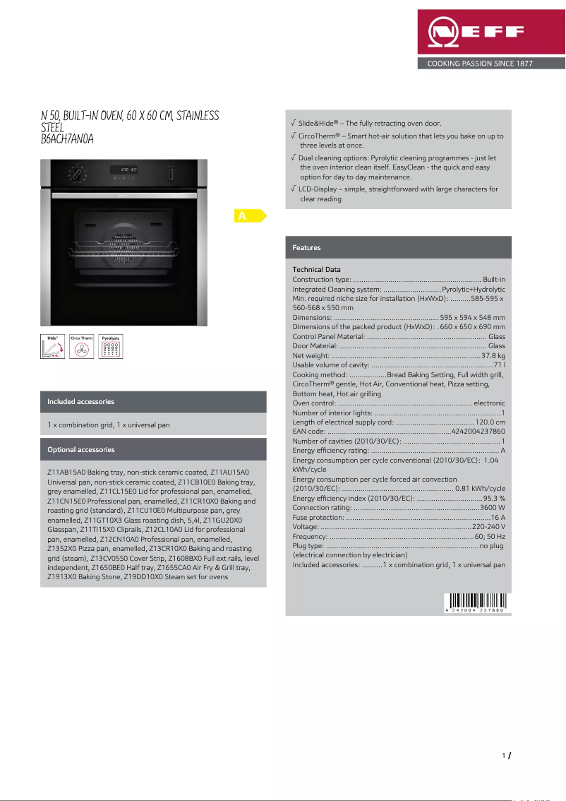 Página 1 del manual Ficha técnica Neff B6ACH7AN0A