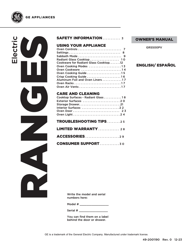 Page 1 of the manual Use and Maintenance Manual GE GRS500PVSS