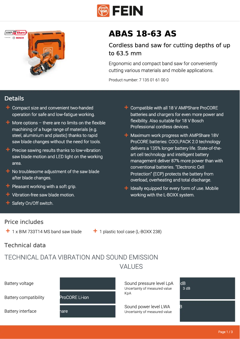 Page n°1 - Fiche technique Fein ABAS18-63AS