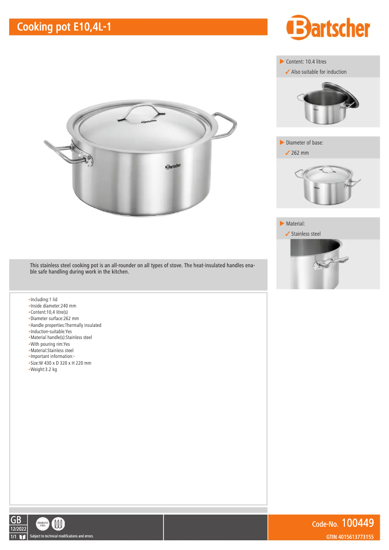 Page 1 de la notice Fiche technique Bartscher 100449