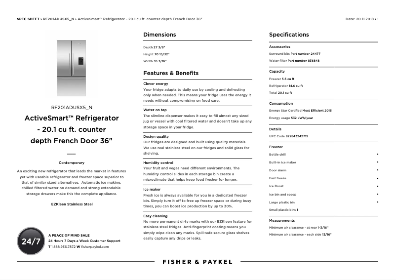 Page 1 de la notice Fiche technique Fisher & Paykel RF201ADUSX5_N