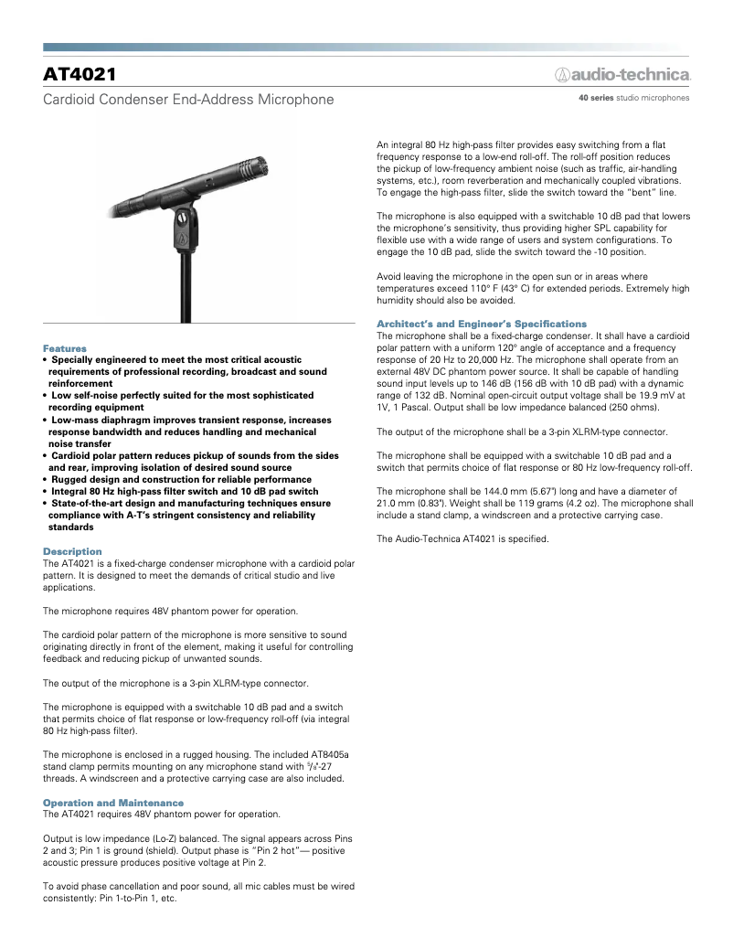 Page n°1 - Guide de démarrage rapide Audio-Technica AT4021