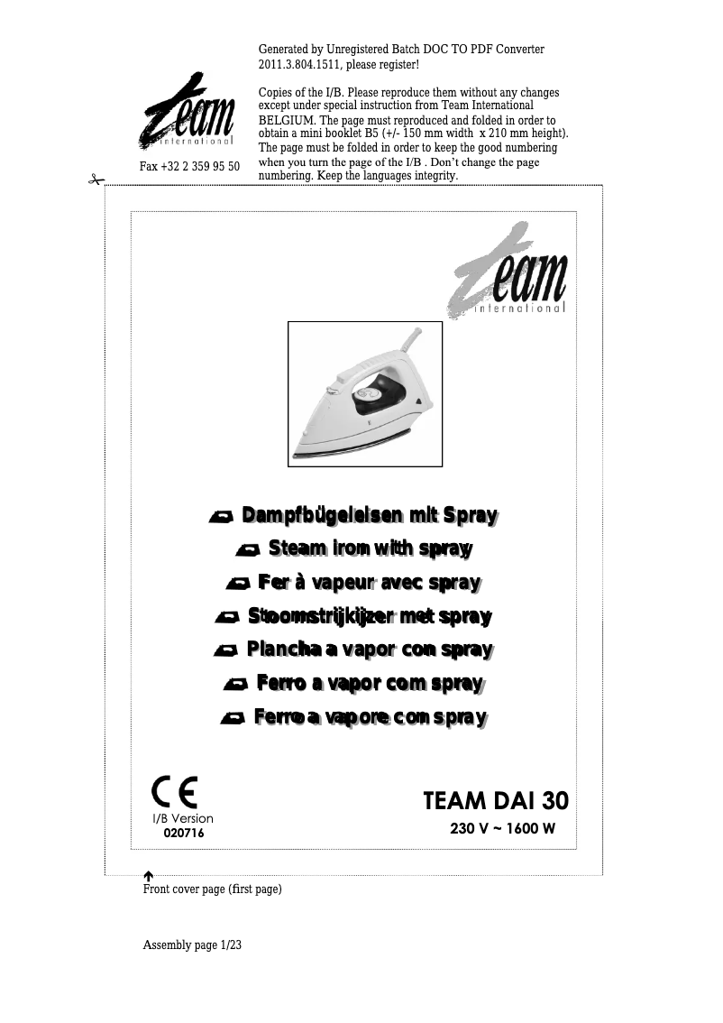 Page 1 de la notice Manuel utilisateur Team DAI 30