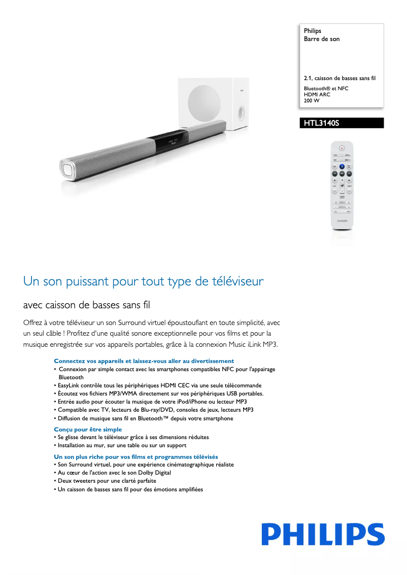 Page 1 de la notice Fiche technique Philips HTL3140S