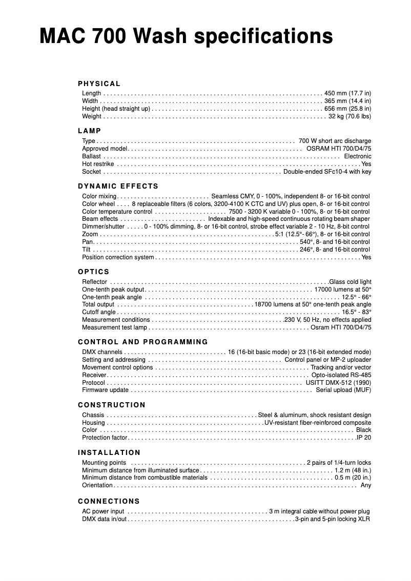 Page n°1 - Fiche technique Martin MAC 700 Wash