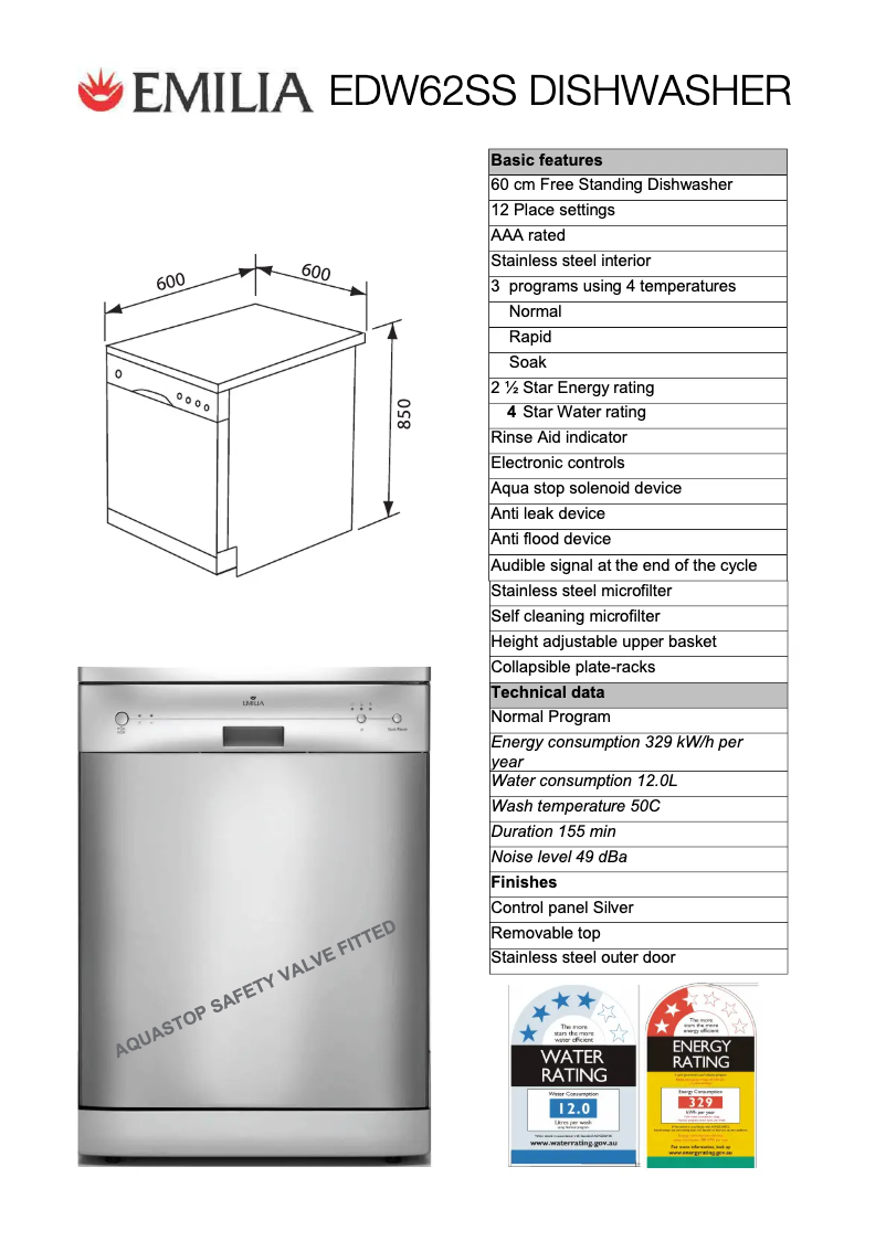 Page 1 de la notice Fiche technique Emilia EDW62SS