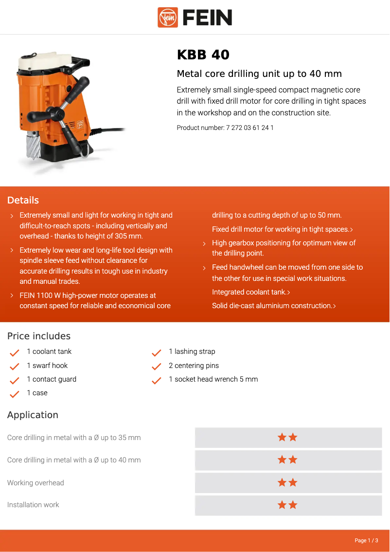Página 1 del manual Ficha técnica Fein KBB 40