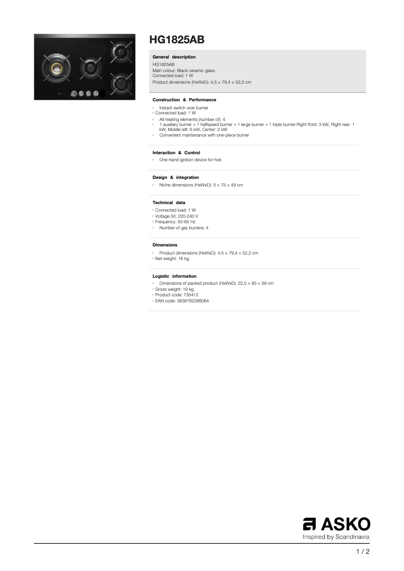 Page 1 de la notice Fiche technique Asko HG1825AB