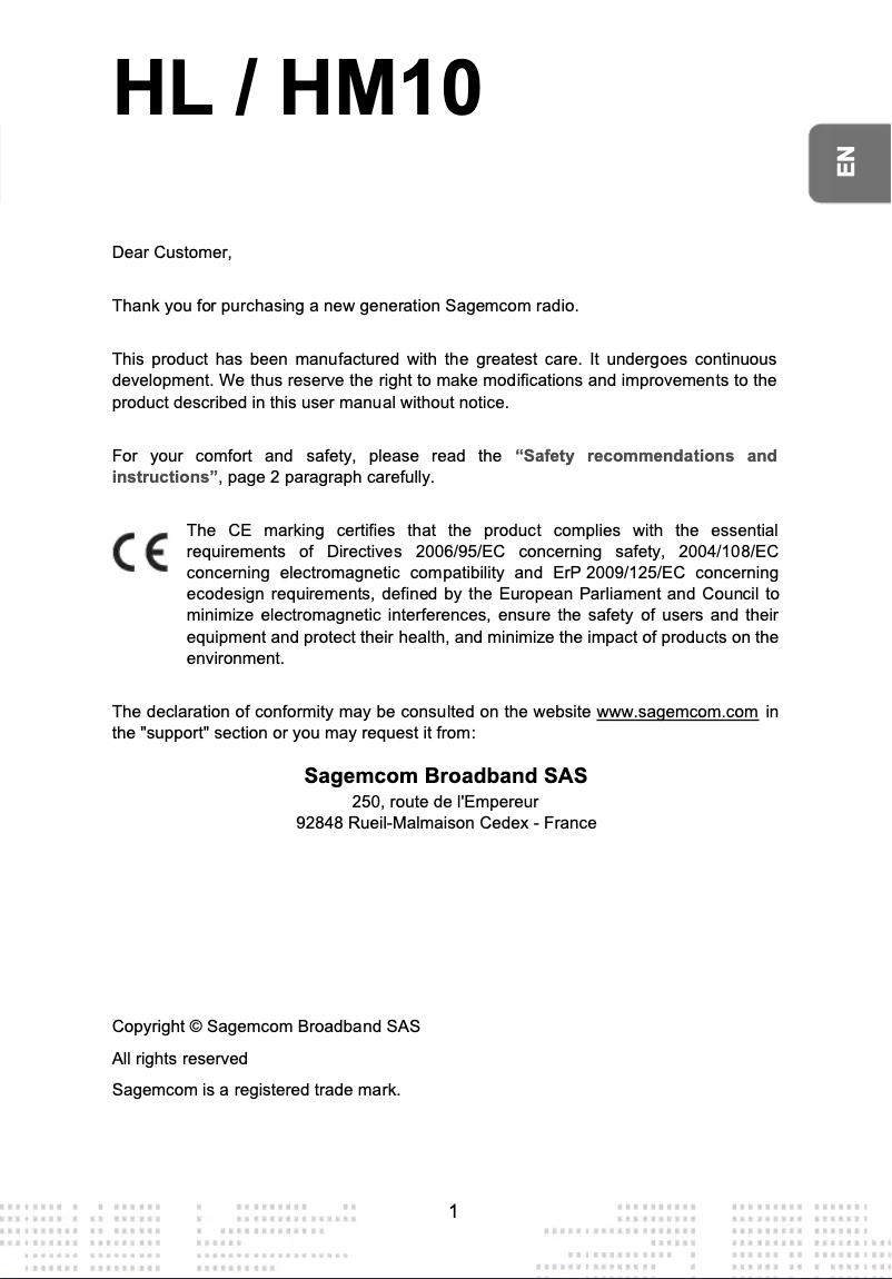 Page n°1 - Manuel utilisateur Sagem HM10