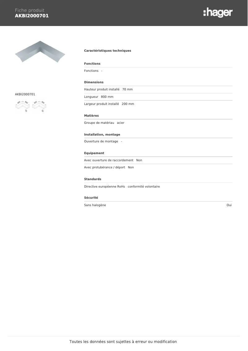 Page n°1 - Fiche technique Hager AKBI2000701