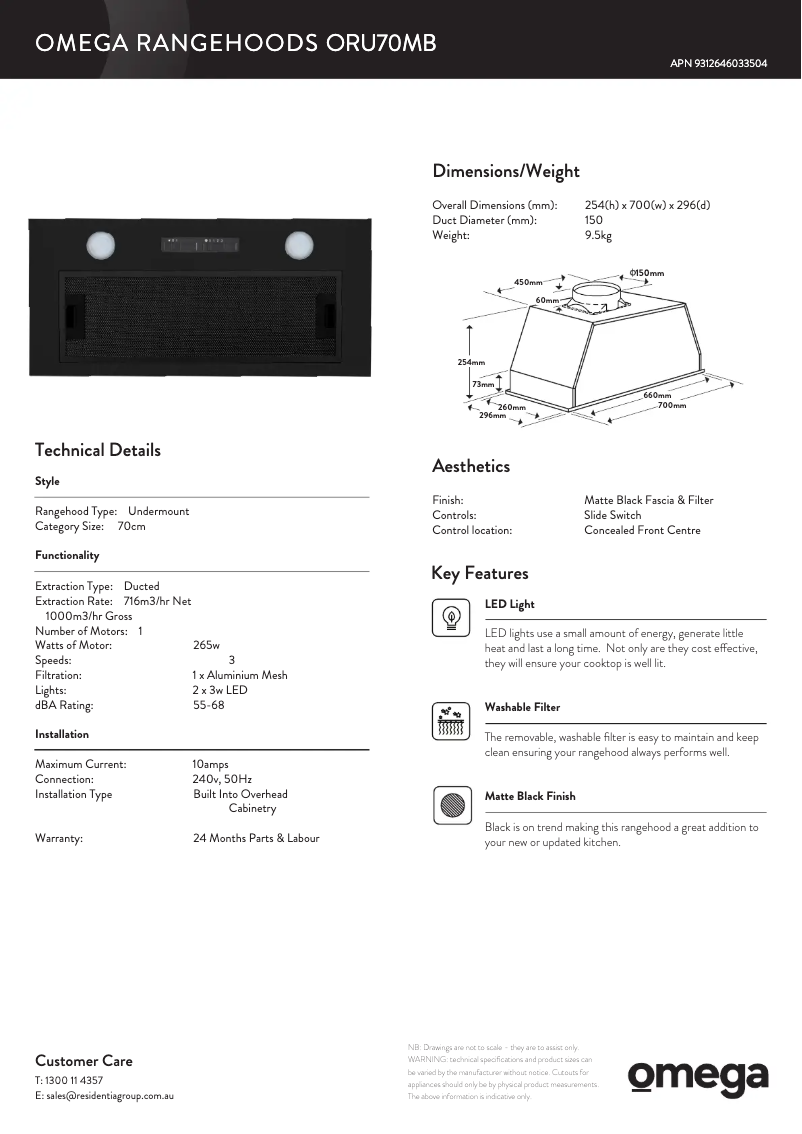 Page 1 de la notice Fiche technique Omega ORU70MB