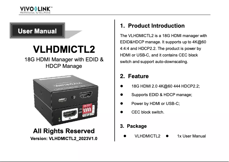 Page n°1 - Manuel utilisateur Vivolink VLHDMICTL2