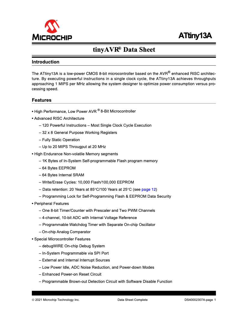 Page 1 de la notice Manuel utilisateur Microchip ATtiny13A