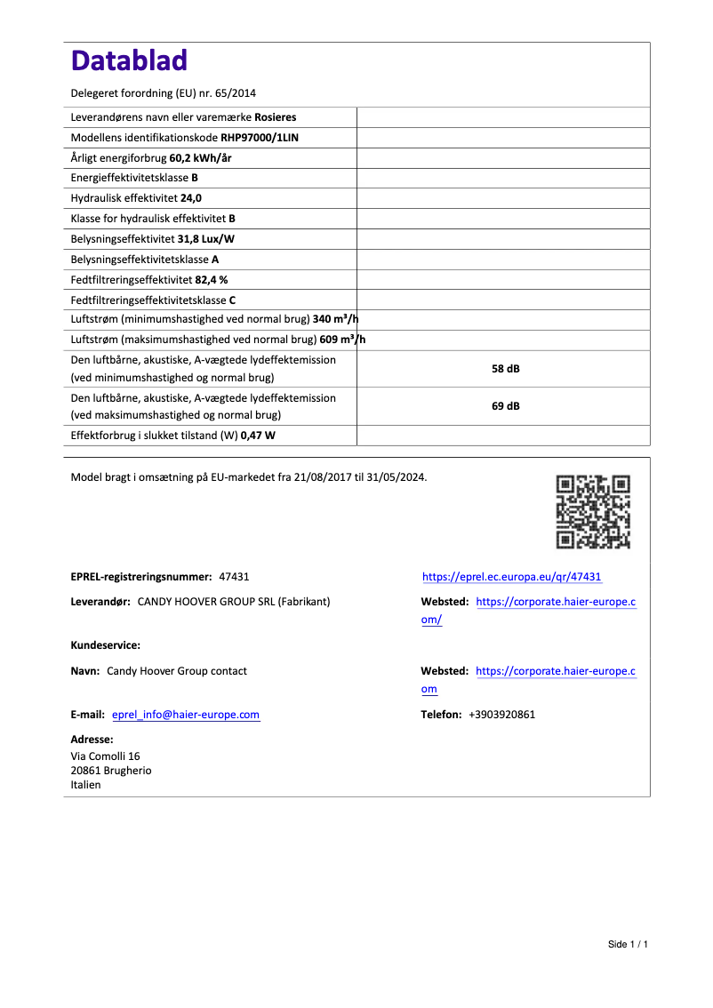 Page 1 de la notice Fiche technique Rosieres RHP 97000/1 LIN