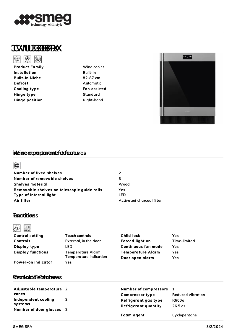 Page 1 de la notice Fiche technique Smeg CVIU338RX