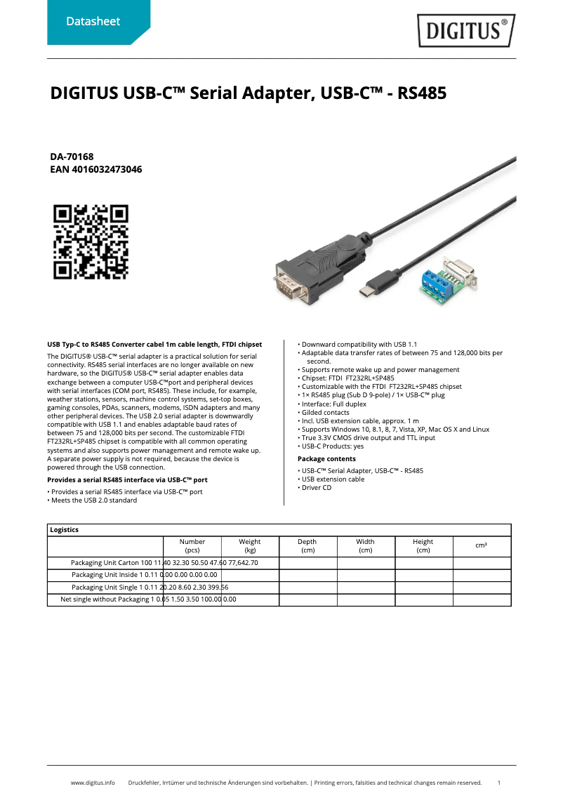 Page 1 de la notice Fiche technique Digitus DA-70168