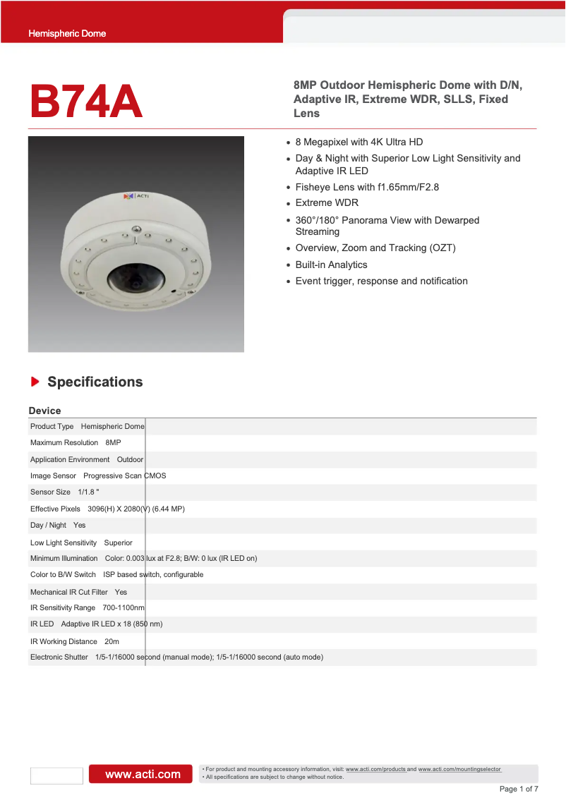 Page 1 de la notice Fiche technique ACTi B74A