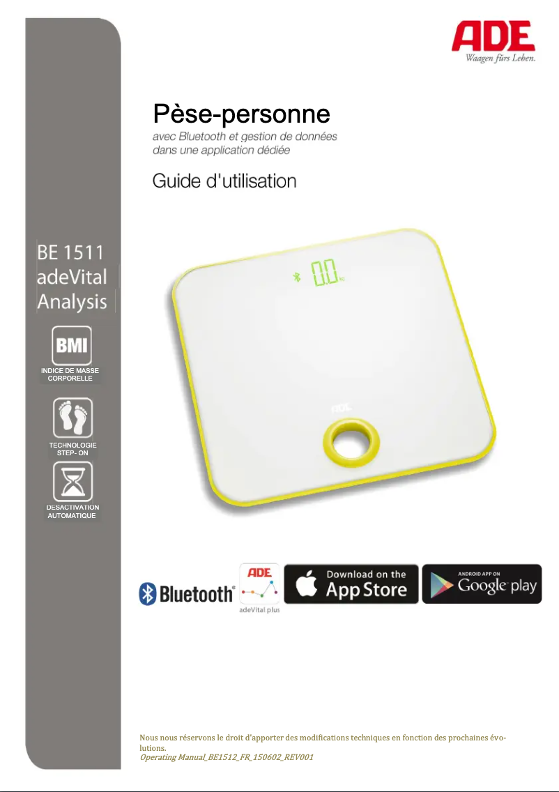 Image de la première page du manuel de l'appareil adeVital BE 1512