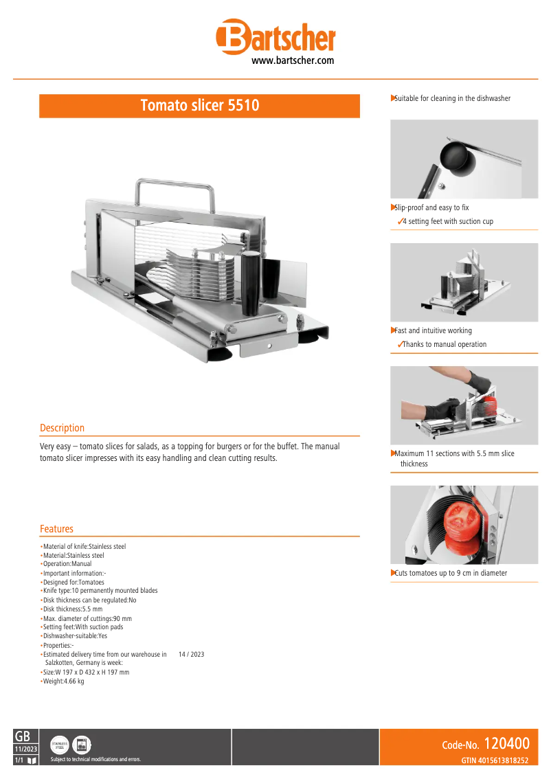 Page 1 de la notice Fiche technique Bartscher 5510