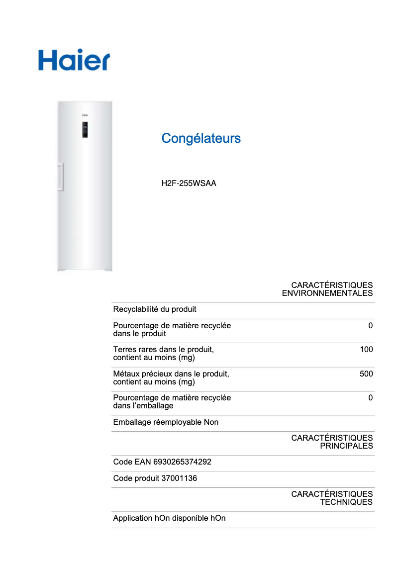 Page 1 of the manual Energy Label Haier H2F-255WSAA
