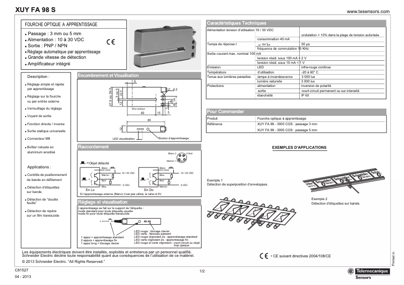 Page 1 de la notice Manuel utilisateur Schneider XUY FA 98 S