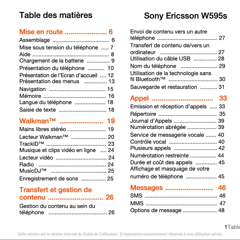 Page 1 de la notice Manuel utilisateur Sony Ericsson W595