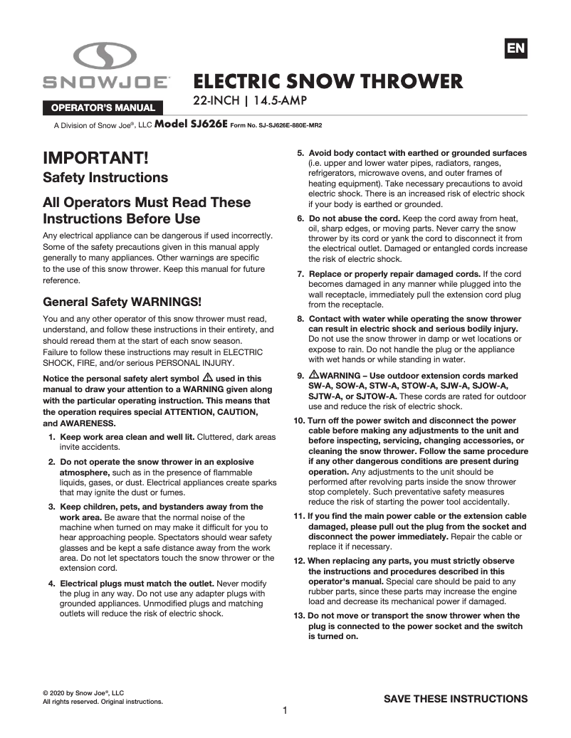 Page 1 de la notice Manuel utilisateur Snow Joe SJ626E