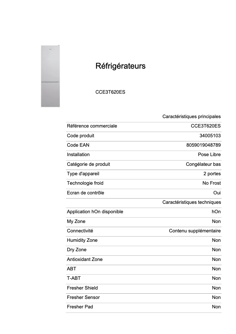 Page 1 de la notice Fiche technique Candy CCE3T620ES