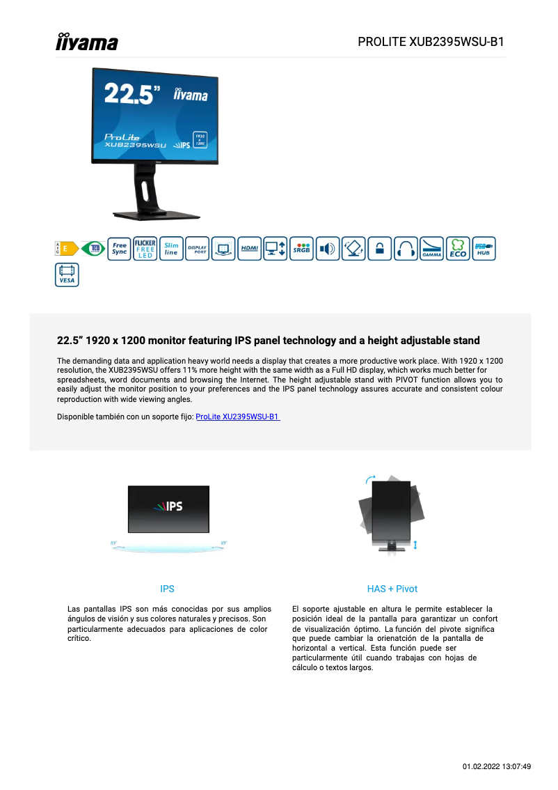 Page 1 de la notice Fiche technique Iiyama ProLite XUB2395WSU-B1