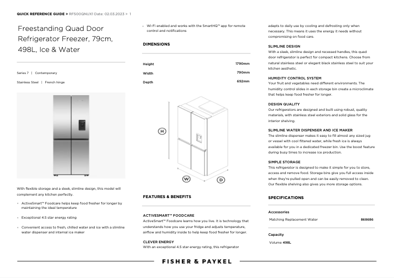 Page 1 de la notice Fiche technique Fisher & Paykel RF500QNUX1