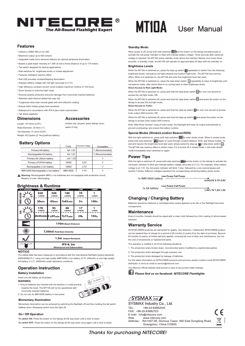 Page n°1 - Manuel utilisateur Nitecore MT10A