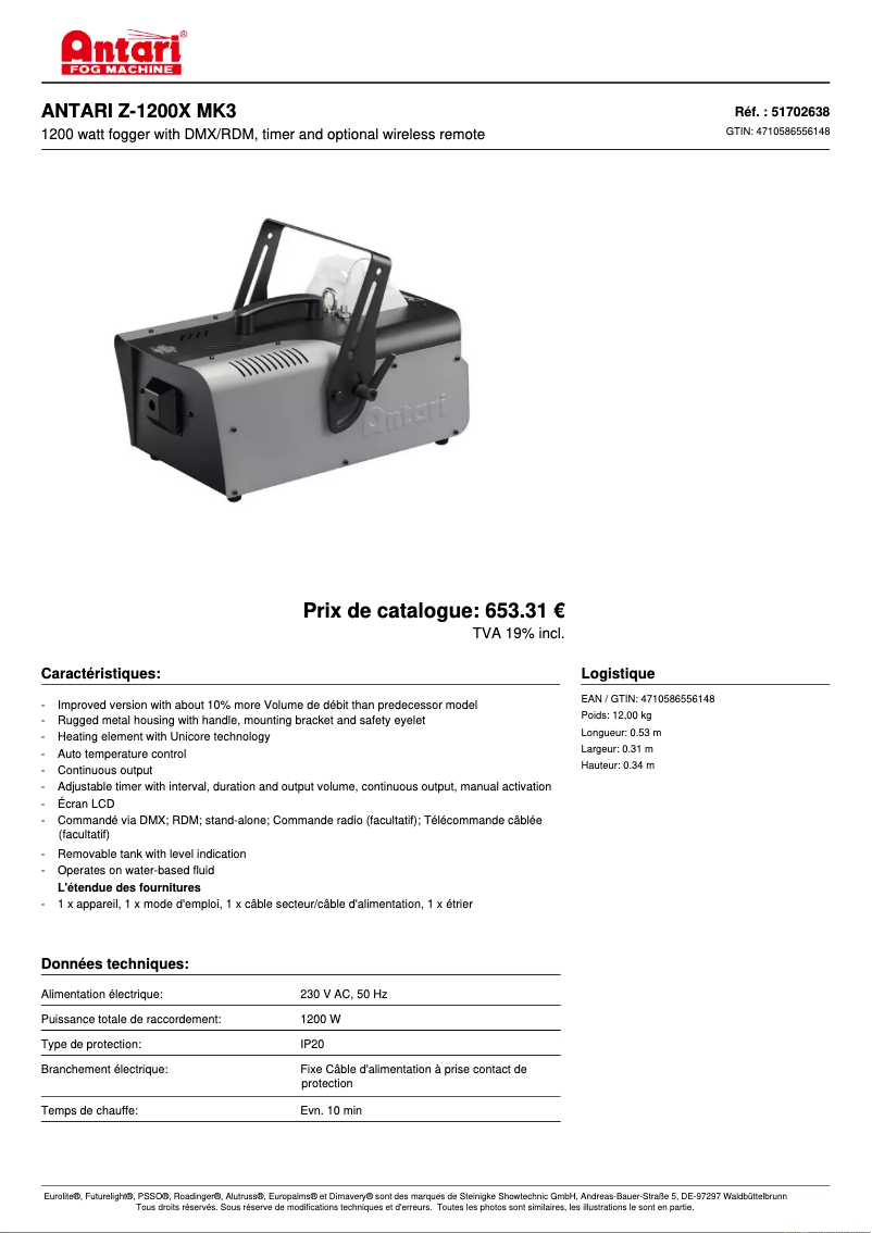 Página 1 del manual Ficha técnica Antari Z-1200 III