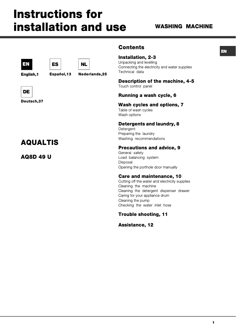 Page 1 de la notice Manuel utilisateur Hotpoint Ariston Aqualtis AQ8D 49 U /VA