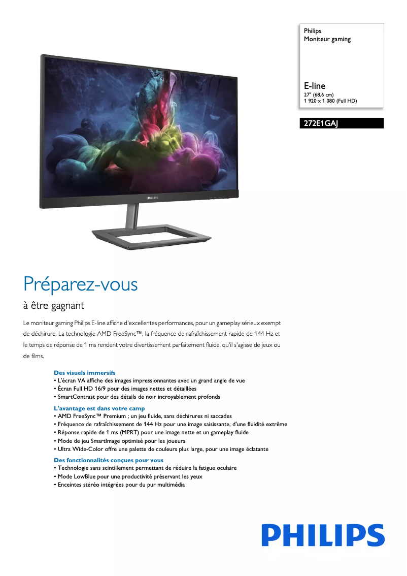 Page 1 de la notice Fiche technique Philips 272E1GAJ