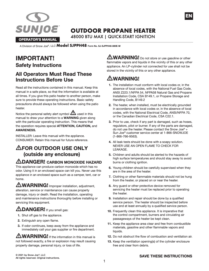 Page n°1 - Manuel utilisateur Sun Joe SJPPH48-SLV