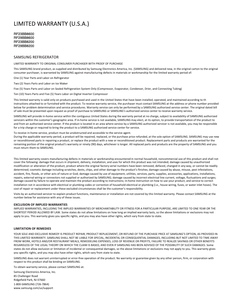 Page 1 de la notice Informations de garantie Samsung RF29BB8200AP